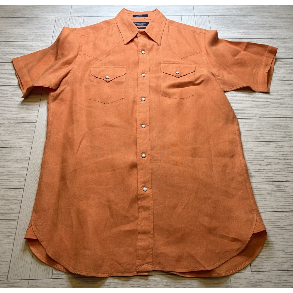 Daniel Cremieux Vtg Orange Short Sleeve Western Pearl Snap Fine Italian Linen M